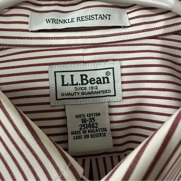 L.L. Bean Men’s Long Sleeve button down shirt Burgundy White Stripes Sz 16 - 35 - Picture 3 of 7
